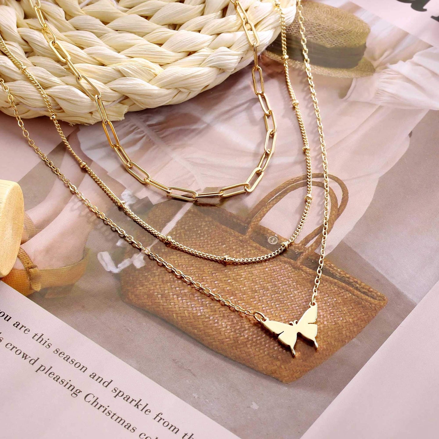 Turandoss Layered Butterfly Necklace for Women, 14K Layered Butterfly Necklace for Women Layering Butterfly Link Chain Necklaces