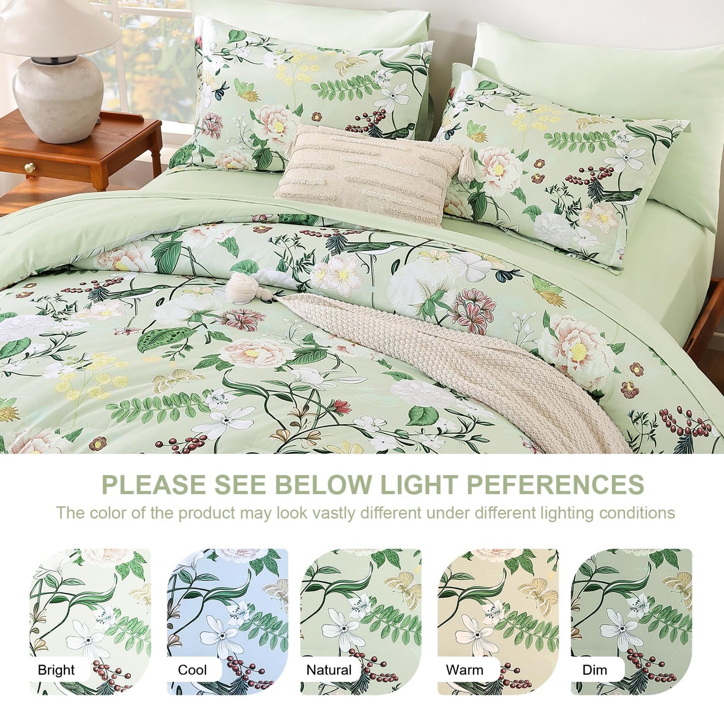 Anibedding 7Pieces Floral King Size Comforter Set, Green Garden Plant Style Bed in a Bag Flower Bedding with Pillow Case for Bedroom