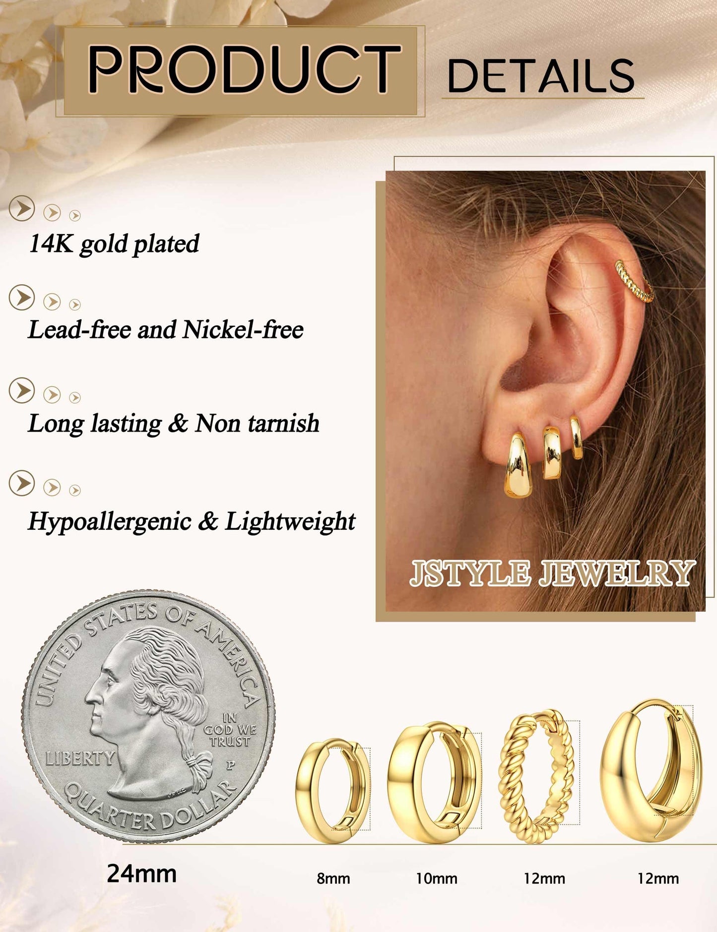 Jstyle Small Gold Hoop Earrings for Women Trendy 14K Gold Plated Huggie Earring Stacks Hypoallergenic Huggie Earrings Set Dainty Chunky Cartilage Earring Sets for Multiple Piercing Jewelry Gift