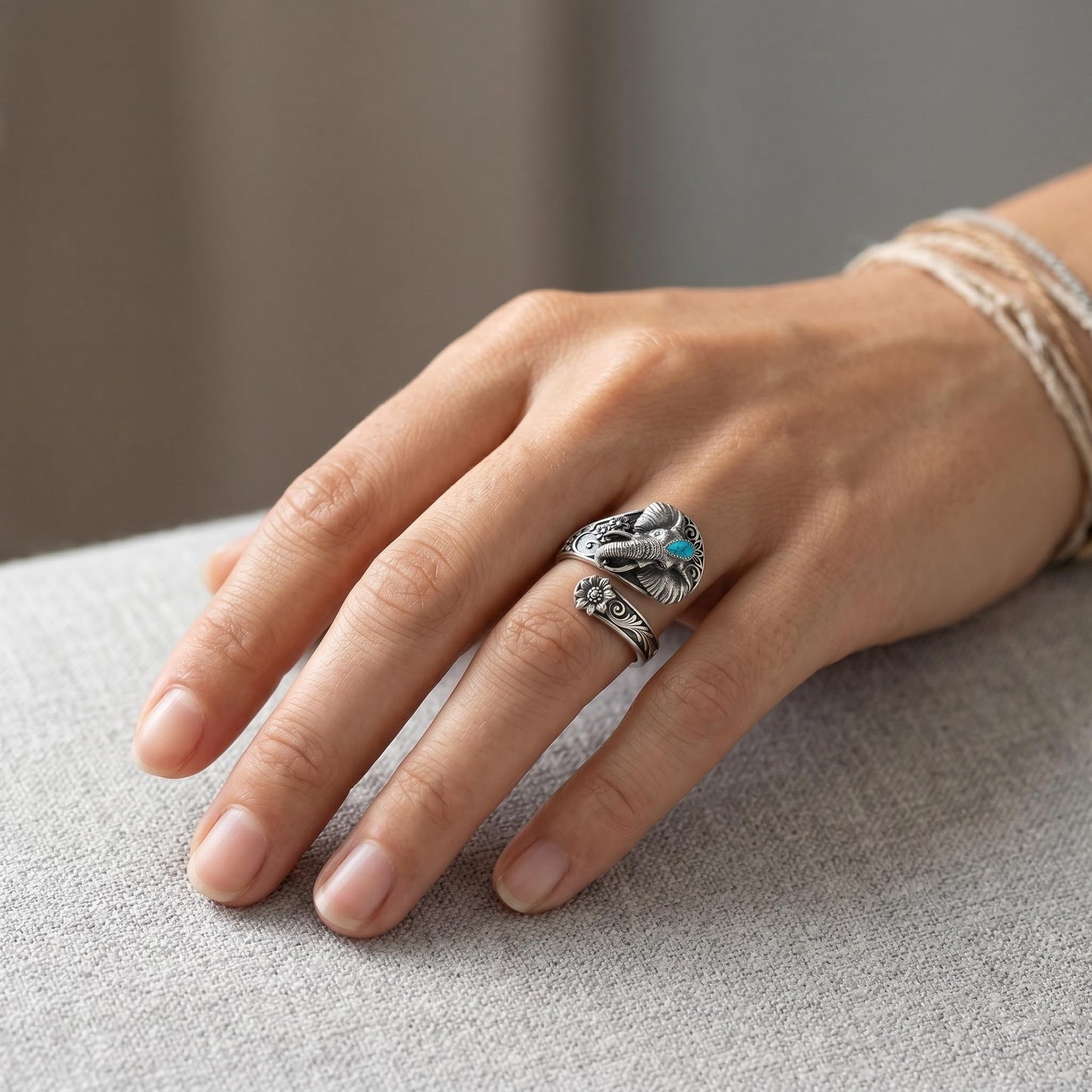 Midari Western Elephant Spoon Rings for Women 925 Sterling Silver Adjustable Elephant Turquoise Rings Boho Style Open Spoon Thumb Rings Elephant Jewelry for Women Men