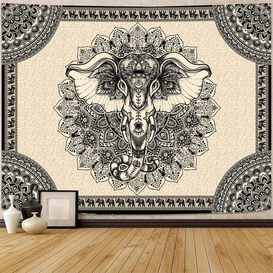 AACKart Mandala Elephant Wall Tapestry, Bohemian Hippie Boho Trippy Indie Aesthetic Home Tapestry, Black Yoga Mystic Vintage Wall Hanging for Bedroom Living Rooms College Dorm Studios-59x51 Inches