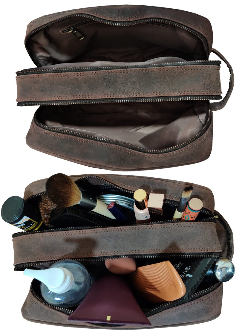RUSTIC TOWN Full Grain Leather Travel Toiletry Bag - Cosmetic Ditty Kit Organizer (Dark Brown)