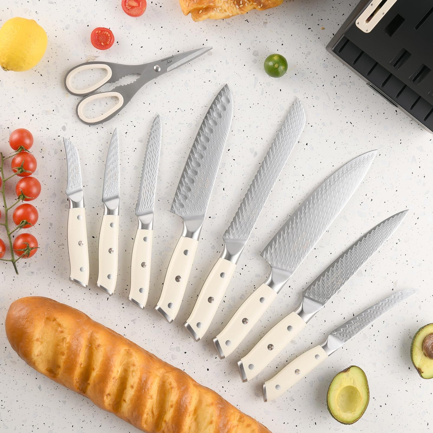 NANFANG BROTHERS Knife Sets Pieces for Kitchen with Block, Damascus Kitchen Knife Set with Block, ABS Ergonomic Handle for Chef Knife Set and Kitchen Shear(Black)