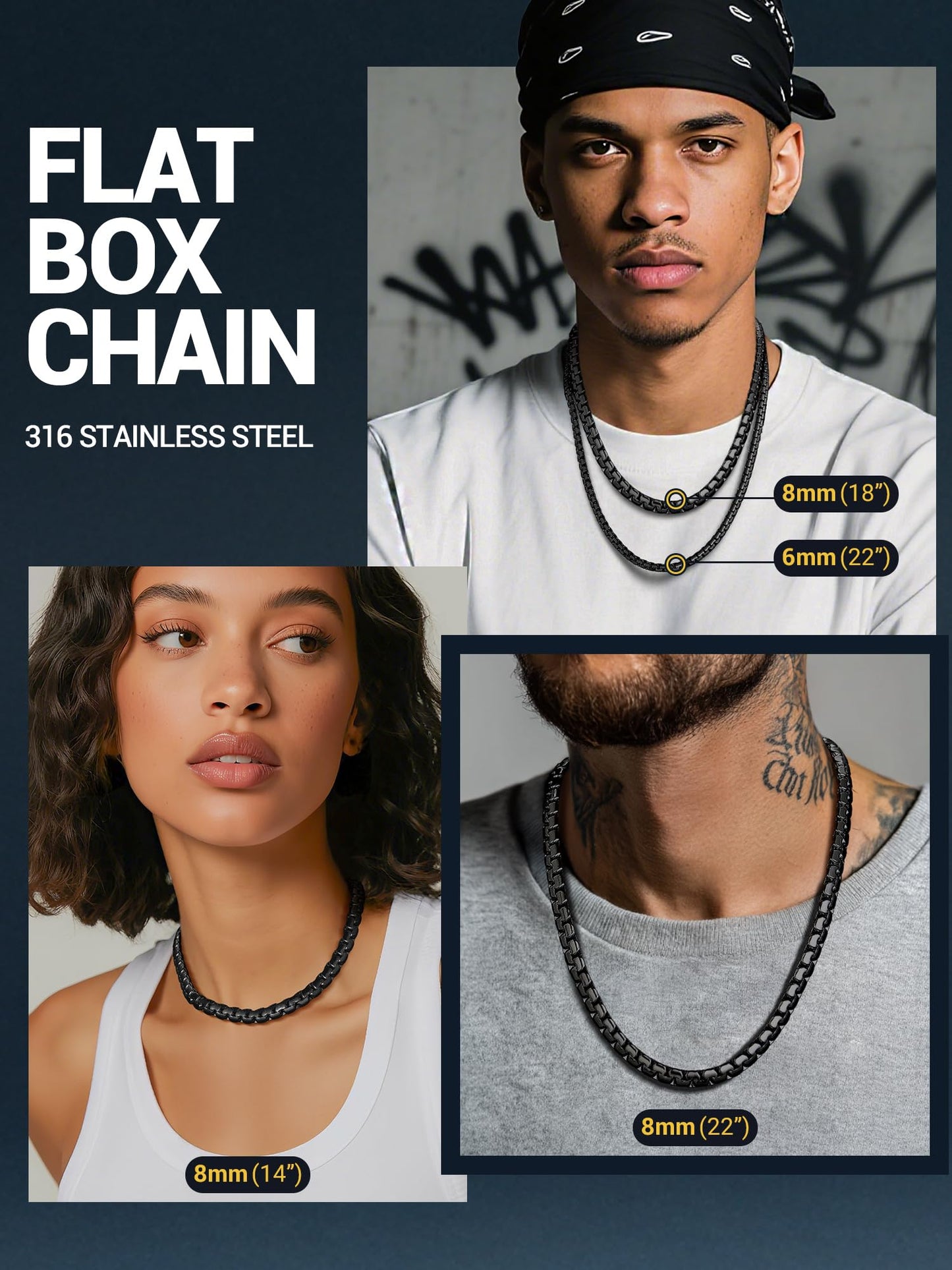 PROSTEEL Mens Chain Black Stainless Steel Necklace Tarnish-Resistant 8mm Thick Hip Pop Chain for Men Jewelry