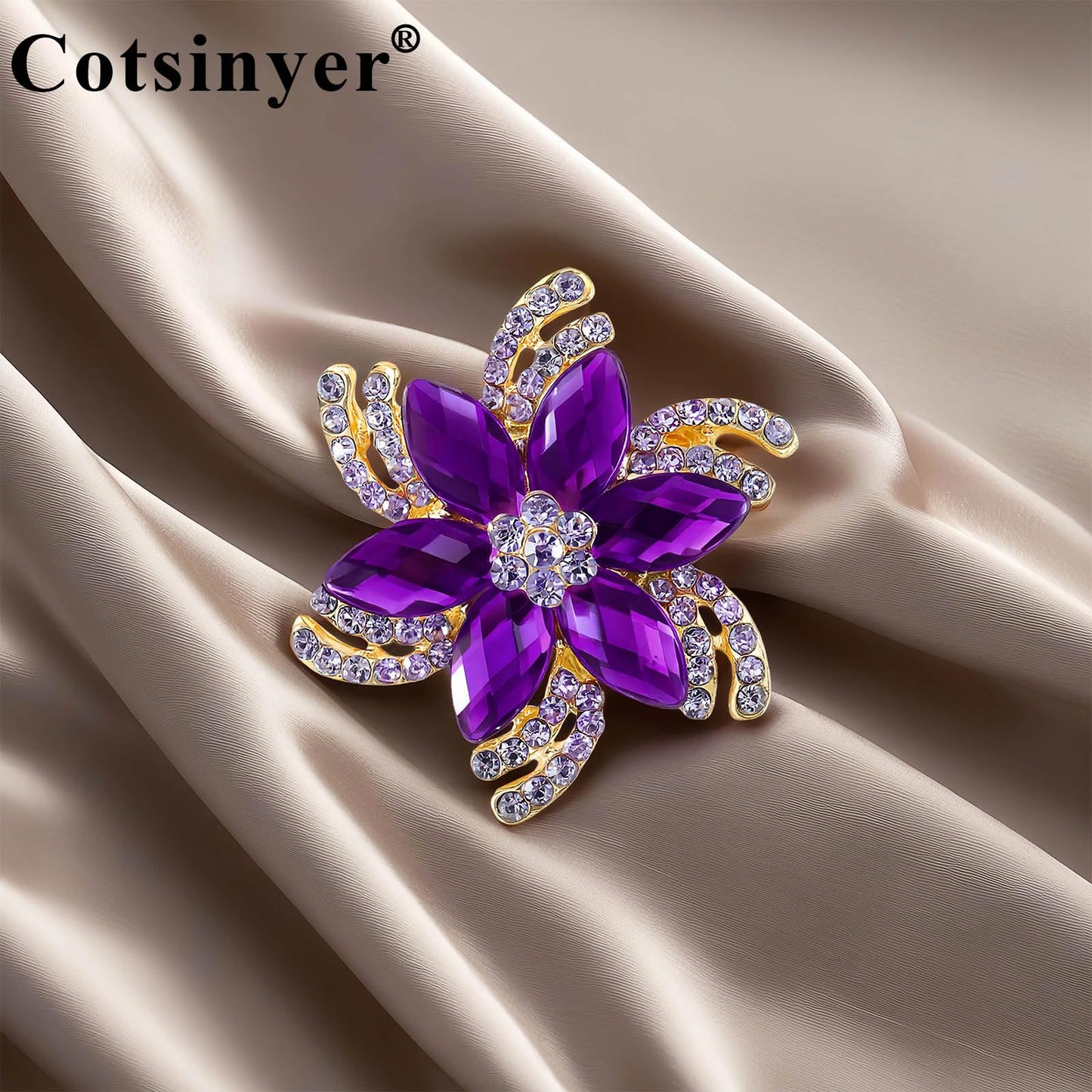 Cotsinyer Floral Brooch with Rhinestones-Elegant Gold and Purple Crystal Lapel Pin for Women，Ideal for Wedding, Party, Hat, and Scarf Accessory