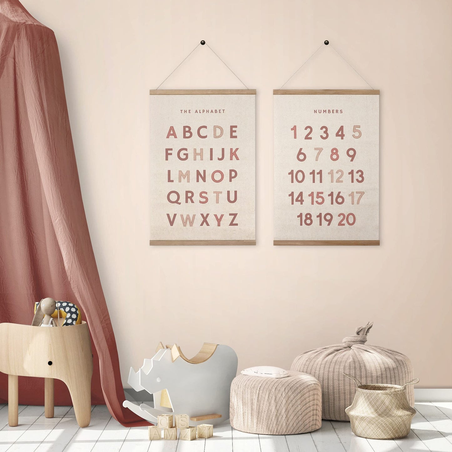 Bon et Beau 16×24 Inch Embroidered Alphabet Poster Framed with Wood Hanger - Dusty Pink Wall Decor for Girls Nursery, Bedroom, Playroom, Toddler and Kids Room