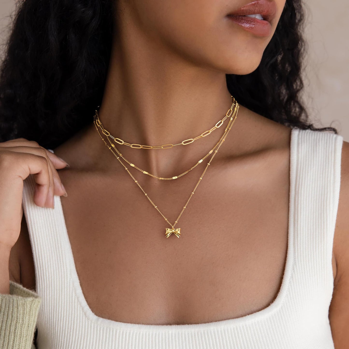 Layered Gold Bow Necklaces for Women,14k Gold Plated Dainty Stackable Choker Necklaces for Women,Trendy Layering Small Bow Pendant Paperclip Thin Chain Necklace Set Jewelry Gifts for Women