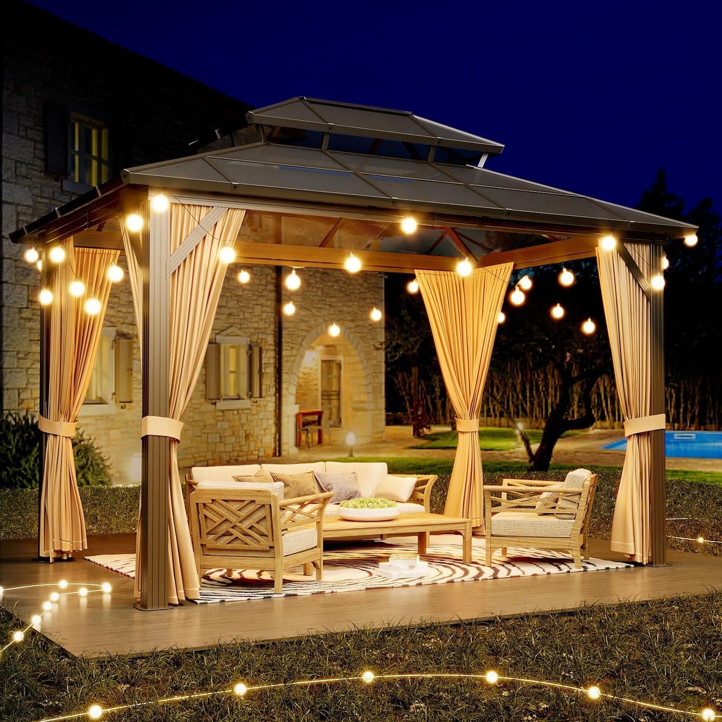 GAOMON 10'x12' Hardtop Gazebo, Outdoor Polycarbonate Double Roof Canopy, Aluminum Frame Permanent Pavilion with Curtains and Netting, Sunshade for Garden, Patio, Lawns (10x12ft)