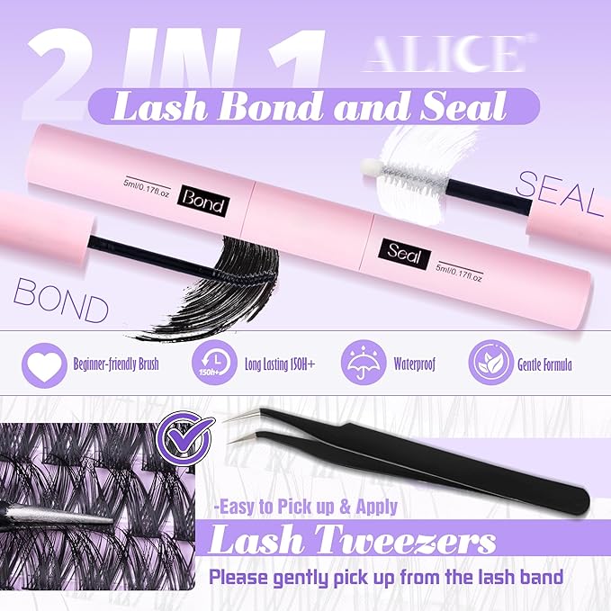 ALICE Cluster Eyelash Extension Kit Natural Wispy Lash Clusters Kit DIY Lash Extension Kit 196pcs 10-18mm Individual Lashes with Mix 4-7mm of Lash Band Lash Glue Lash Twezeers
