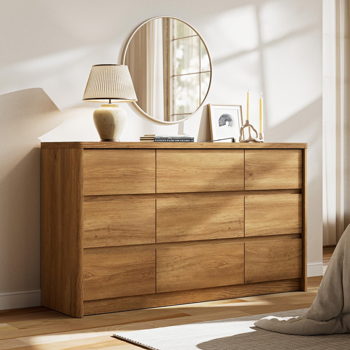 Now Mais 9 Drawer Dresser for Bedroom, Curved Edge Design Modern Dressers & Chest of Drawers, 55" Wide Nursery Dresser,9 Drawer Large Dresser for Bedroom Natural Oak