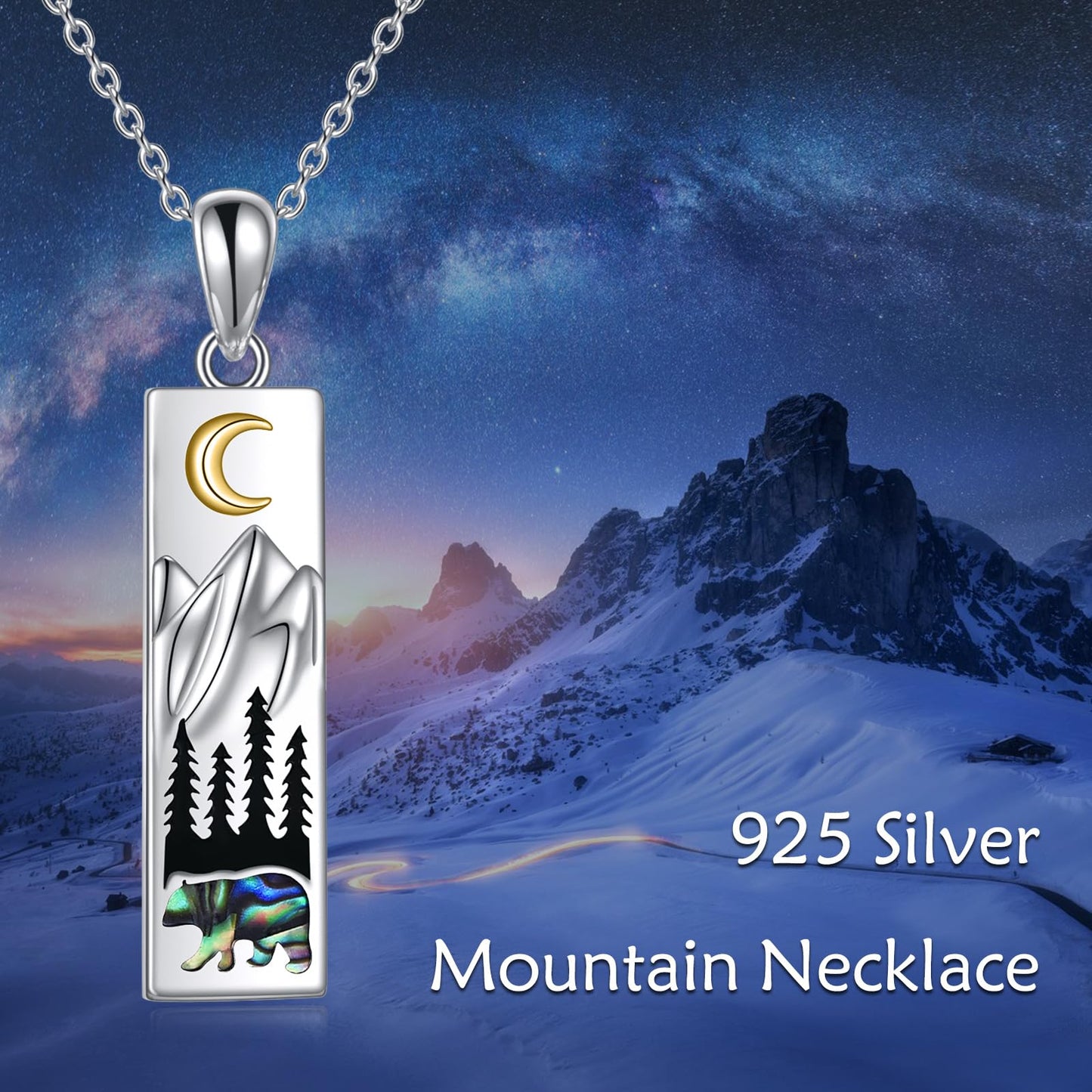 YFN Mountain Bear Necklace for Women Sterling Silver Nature Necklace Jewelry Gift for Skiers, Hikers, Campers, Climbers and Nature Lovers