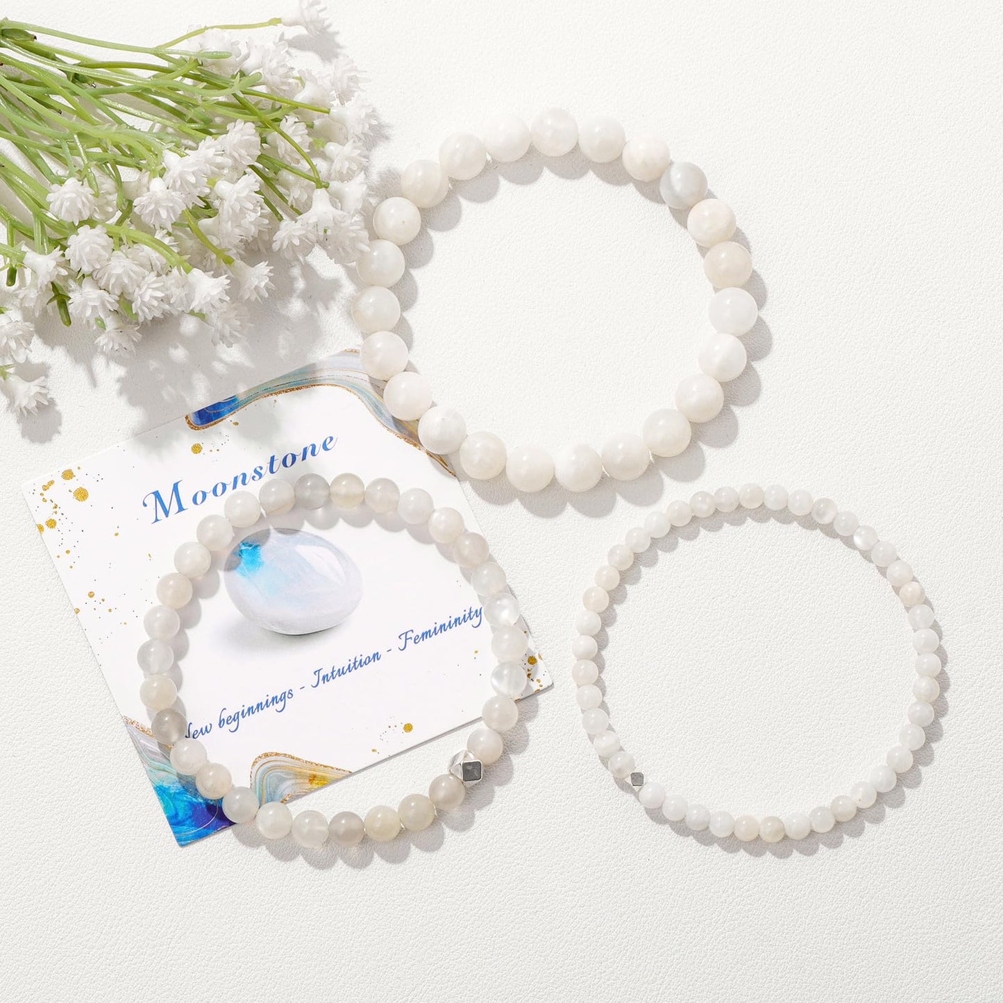 Raicegs 4MM Moonstone Beaded Bracelets Healing Crystal Bracelet for Women Men Natural Stone Handmade Stretch Bracelet Reiki Spiritual Jewelry