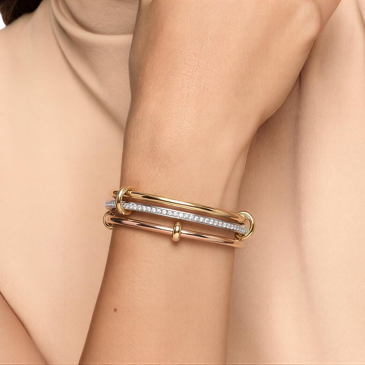 Musishiyu Gold Bracelets for Women Stacking Bangle - 18K Mixed Metal Tri-Color Rolling Interlocking Bands, Cubic Zirconia Fidget Anxiety Jewelry, Perfect Gifts for Mom Wife Grandma