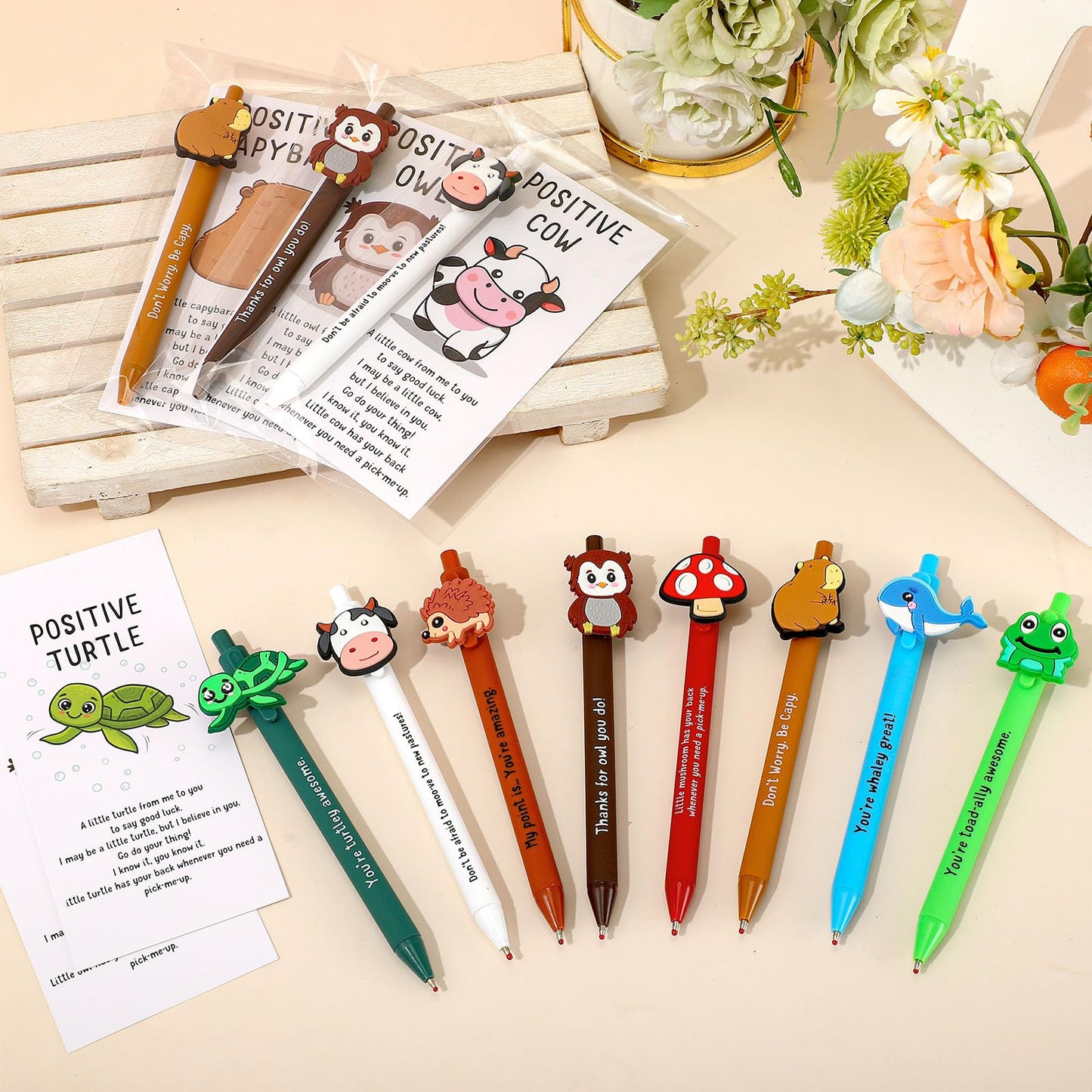 Landical 16 Set Positive Animal Pens Graduation Gift Bulk Cute Funny Pen with Inspirational Card Employee Appreciation Gift for Office Coworker Staff Nurse Teacher Student Classroom