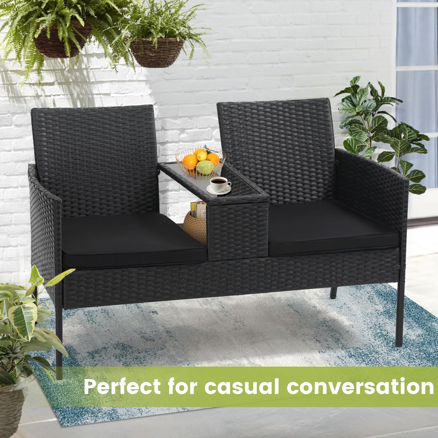 Kromax Wicker 2 Seat Patio Loveseat, Outdoor Rattan Loveseat with Table, Washable Cushion Covers, Backyard, Garden, Lawn, Black Rattan with Black Cushion