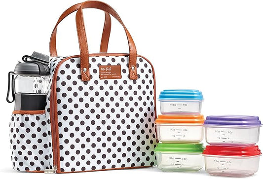 Fit & Fresh Lunch Bag For Women, Insulated Womens Lunch Bag For Work, Leakproof & Stain-Resistant Large Lunch Box For Women With Containers and Bottle, Zipper Closure Wichita Bag White Dot