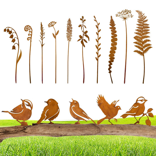 15 Pack Rusty Metal Garden Stakes, Included 10 Metal Fern Plants&5 Bird Silhouettes Outdoor Decorative Plant Stakes Metal Flowers Rustic Yard Art Fence Decor for Outside Potted Plants Lawn Courtyard