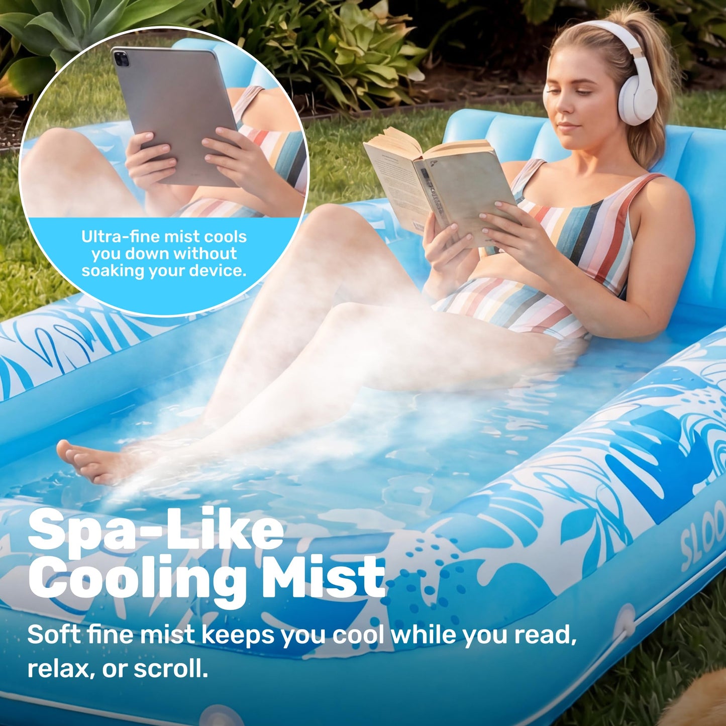 SLOOSH Misting System Inflatable Tanning Pool Lounger Float, 6 in 1 Large Mist Cooling Tanning Bed Floaties with Pillow & Cup Holders, 70" x 46" Blow Up Suntan Lounge Raft Beach Backyard Adults Gifts