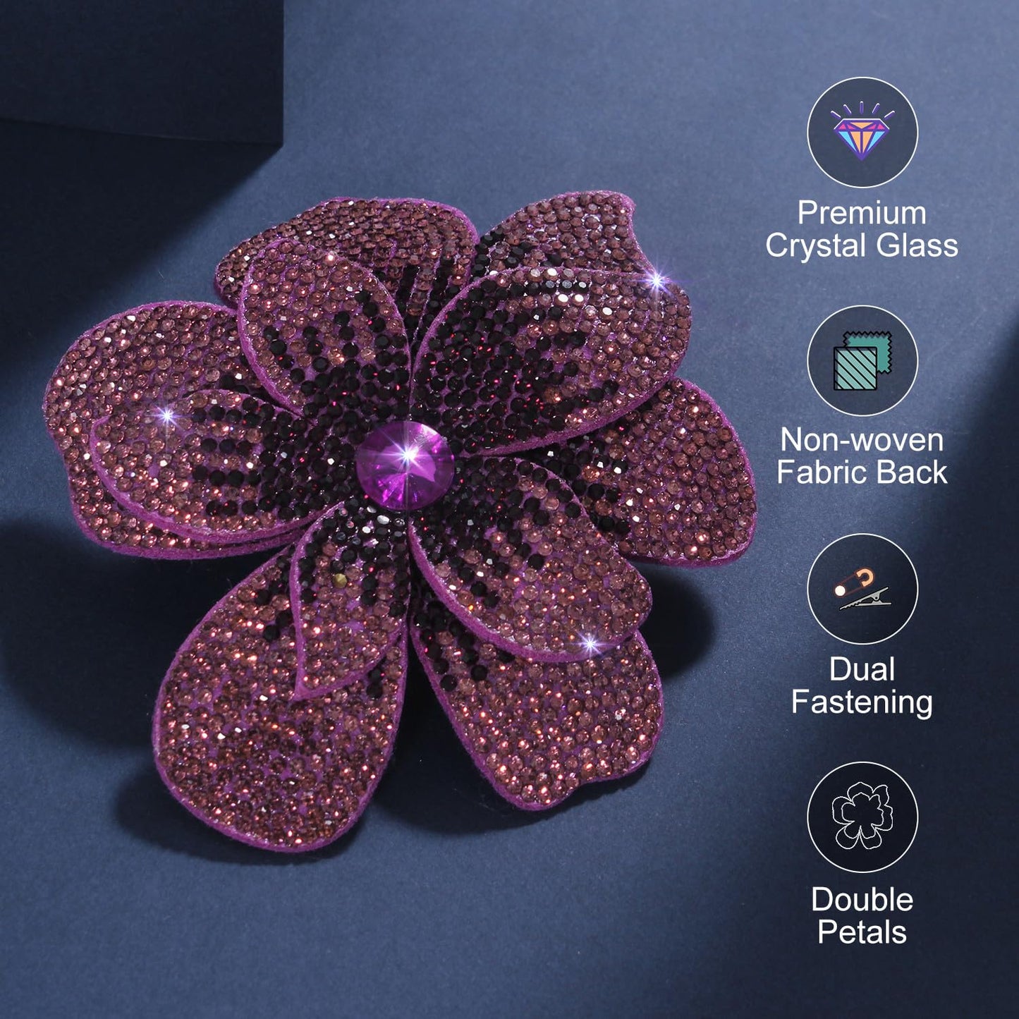 Merdia 3.74 Inch Rhinestone Camellia Flower Brooch Pin & Hair Clip for Women | Crystal Camellia Lapel Pin, Hair Clip Accessory for Parties & Weddings | Brooches and Pins for Women - Purple