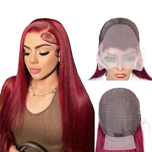 LUOSIWLD 99j Lace Front Wigs Human Hair Glueless Transparent Wigs for Women Burgundy Straight 150% Density 13×4 HD 20 inch
