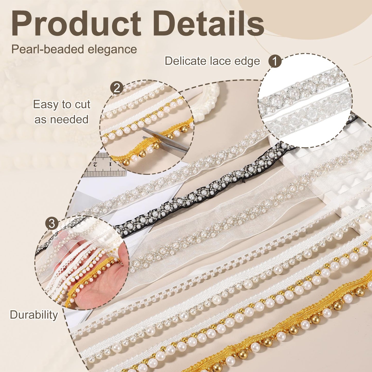 uxcell 2 Yards Pearl Beaded Trim, 1cm Bridal Lace Ribbon Trimming Edge Embellishments for Sewing Wedding Party Dress Fabric DIY Craft, Tone Beads
