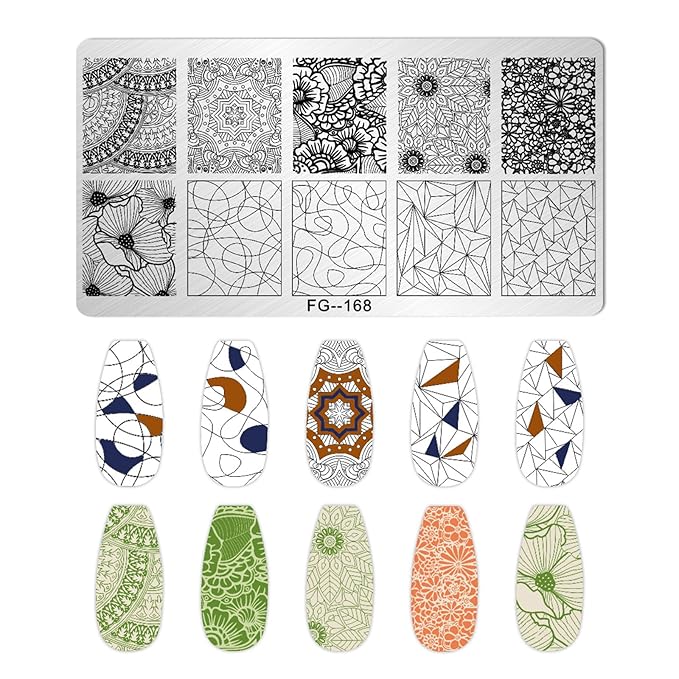 AddFavor Nail Stamper Kit 7pcs Nail Stamping Plates Geometric Mandala Flower Nail Stencils with 2 Stamp and 2 Scraper for Home Salon Manicure Design Supplies Tools
