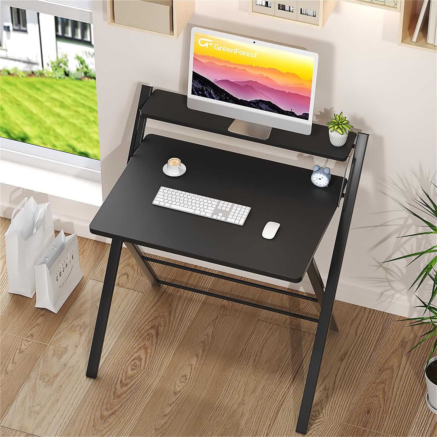 GreenForest Folding Desk No Assembly Required Small Size, 2-Tier Foldable Computer Desk with Shelf for Home Office, Space Saving Portable Laptop Study Foldable Table for Small Spaces, Black