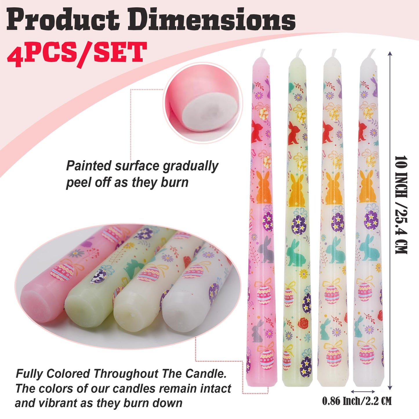 FYBW 4 Pack Easter Printed Taper Candles, 10" Long Decorative Candles with Spring Bunny & Egg Design Decorative Candles for Easter Table & Home Decor"