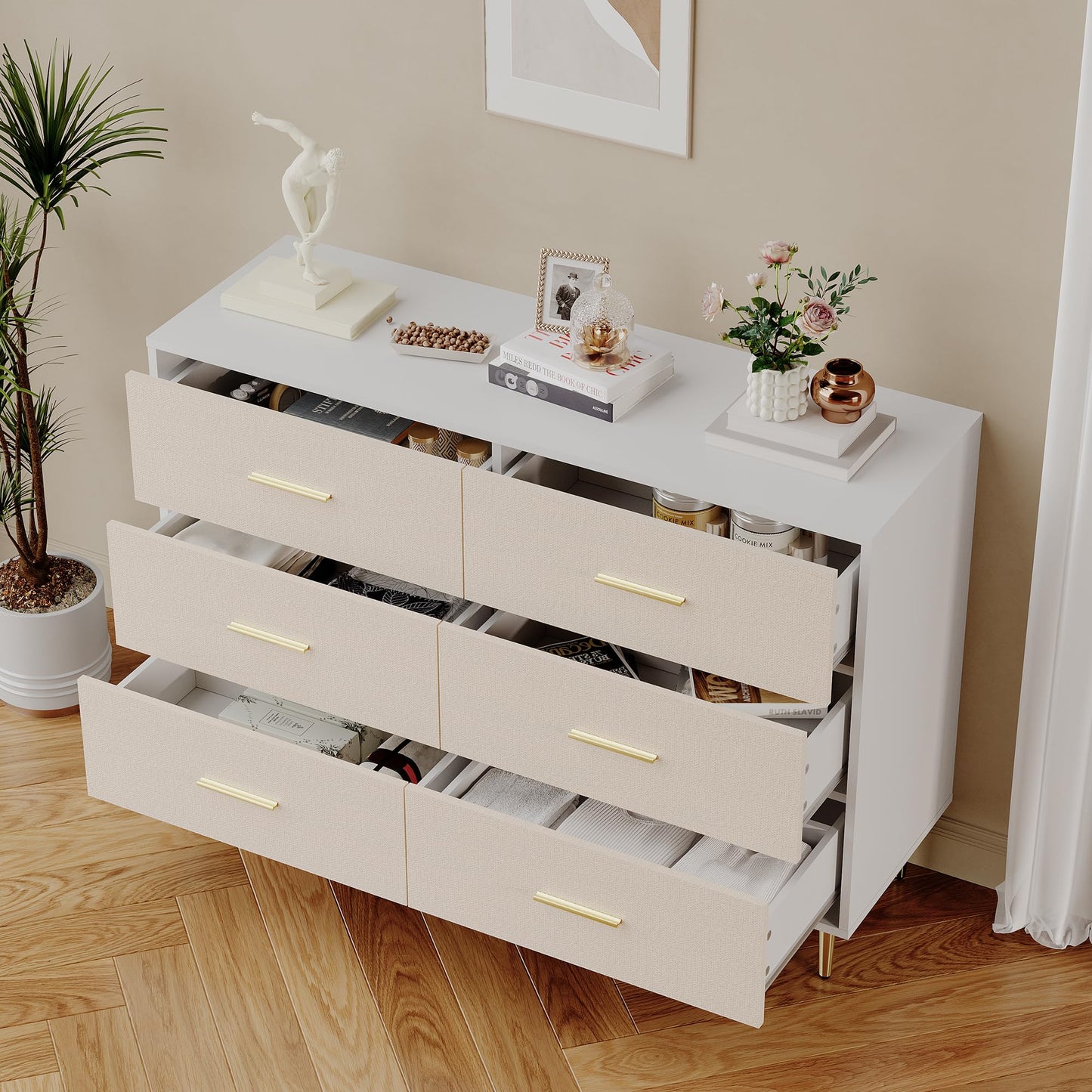 IDEALHOUSE 6 Drawer Dresser, Modern White Chest of Drawers with Gold Metal Legs and Handles, Large Wooden Dresser with Drawers, Storage Cabinet for Bedroom, Living Room, Entryway