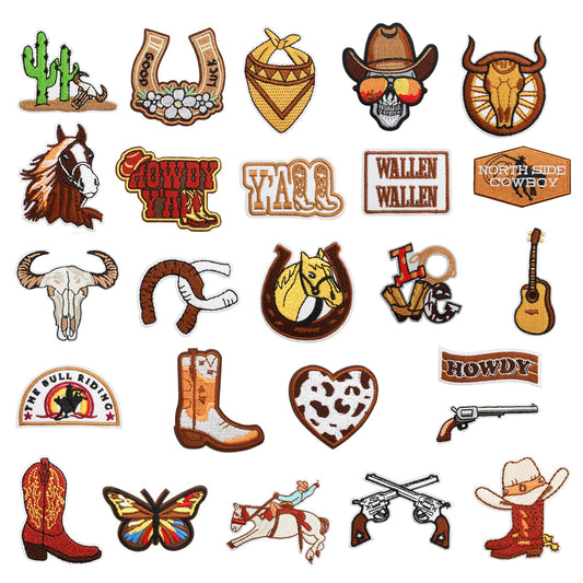 25Pcs Western Iron on Patches Cowboy Sew on Embroidered Applique Patches Western Cowboy Embroidery Repair Decoractive Patches DIY Crafts Sewing Patches Decorations for Clothes Jackets Jeans Backpacks