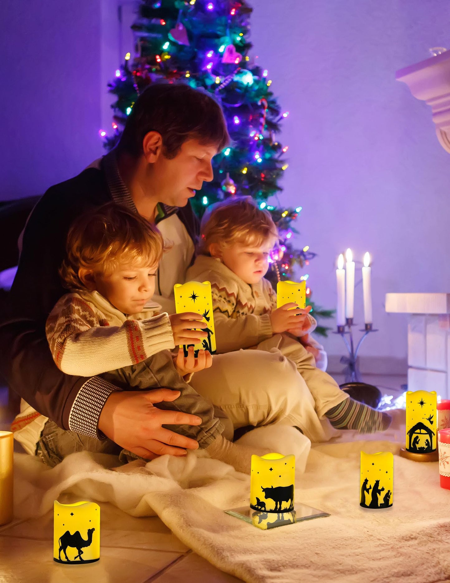 QVAIVE Flameless Christmas Nativity Scene Candles, Pillar Flickering Religion Candle with Timer Remote,Battery Operated LED Fake Candle for Xmas Home Holiday Decor Set of 5