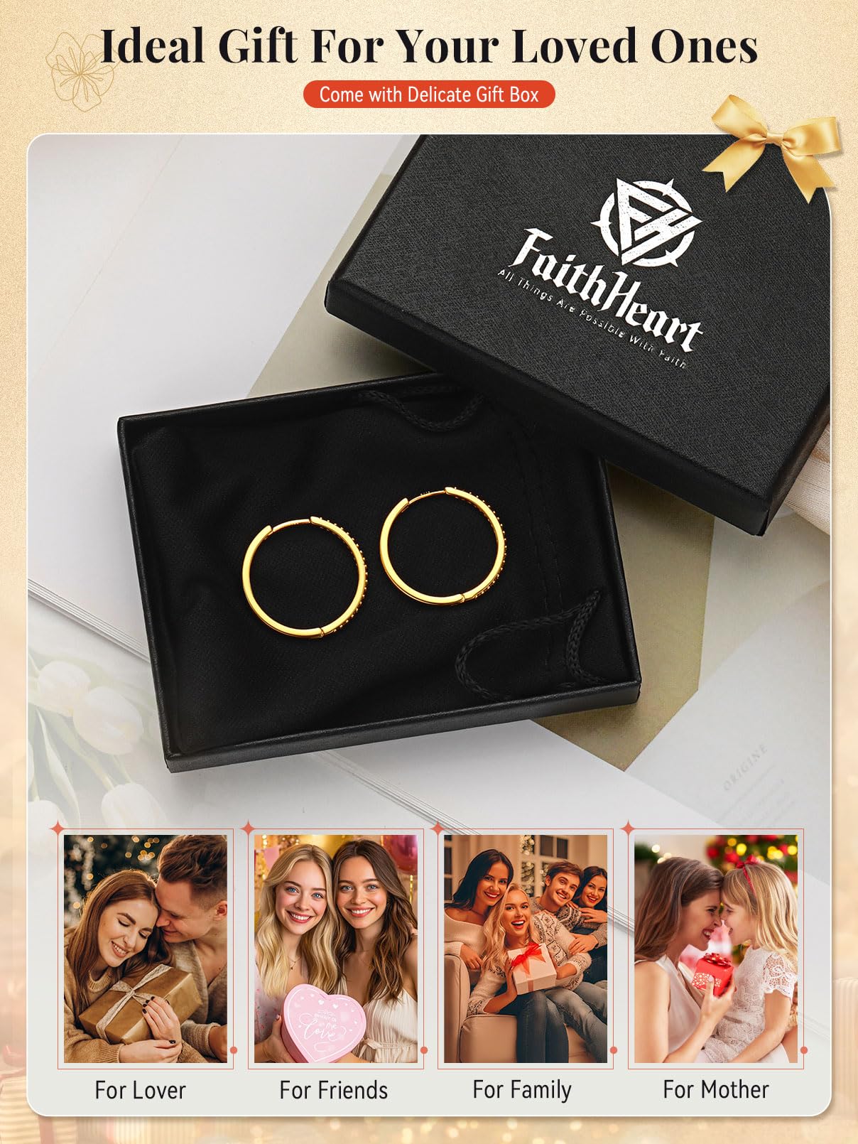 FaithHeart Cubic Zirconia Hoop Earrings for Women, Rose Gold Hypoallergenic Huggie Hoop Earrings, Small Cartilage Earrings for Women 16mm, Send Gift Box