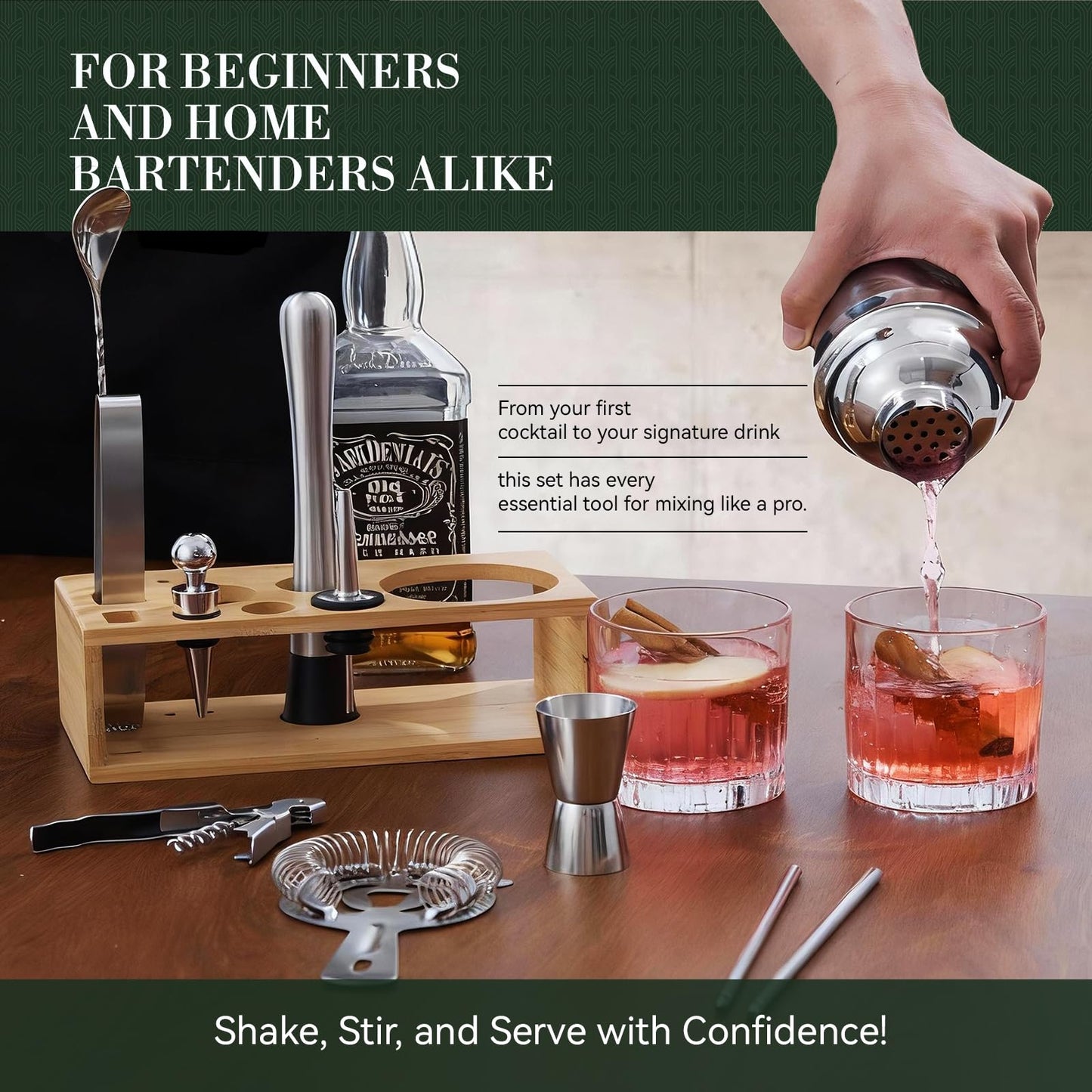 TNGO Cocktail Shaker Set Bartender Kit - Mixology Bar Kit with Natural Stand - Premium Home Bar Tool Set All Bar Accessories Includes Drink Mixer, Muddler, Jigger, Strainer, Bar Mixer Spoon