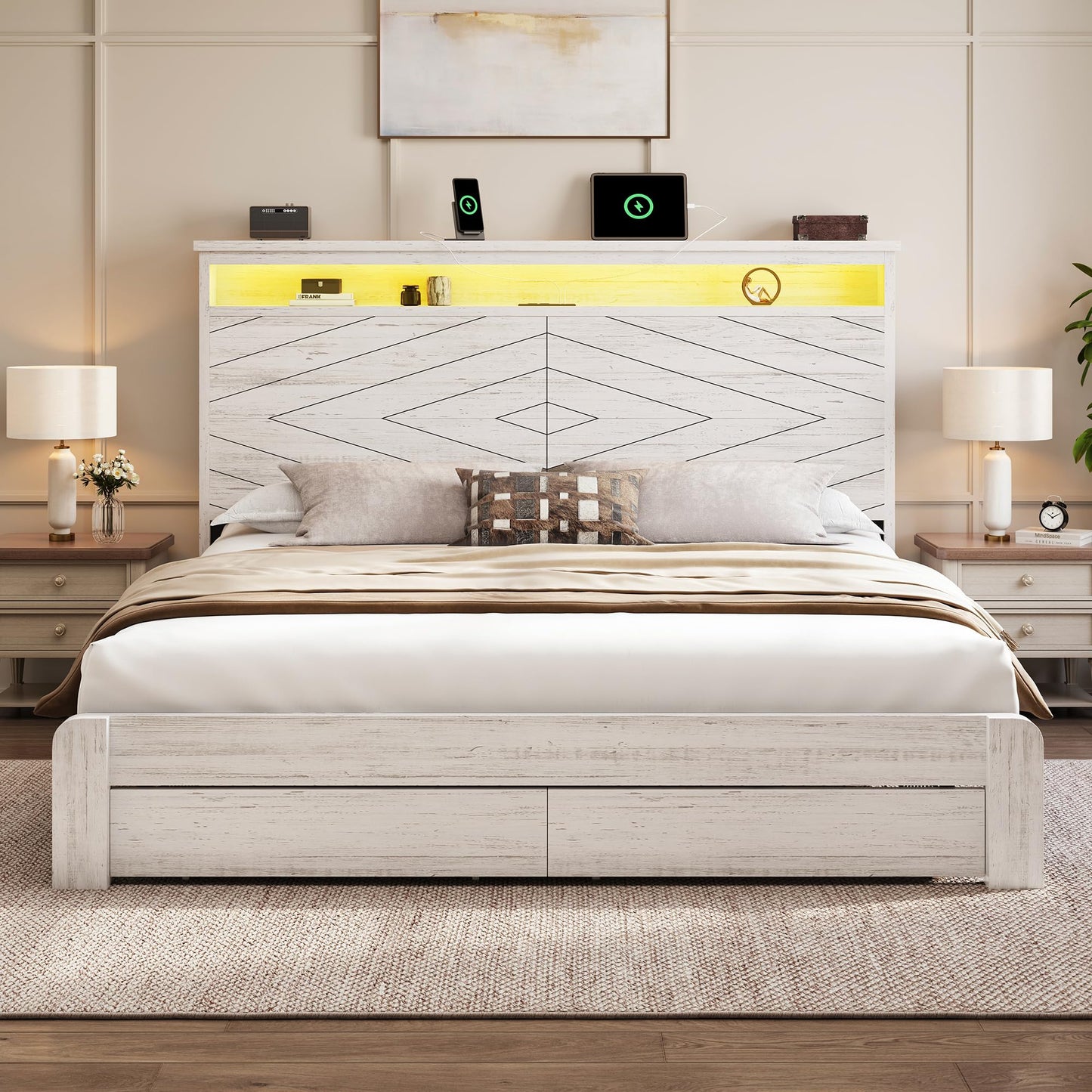 BRELTAM King Size Bed Frame with 2 Storage Drawers and Headboard Wooden Platform Bed Frame with LED Lights and Charging Station Easy Assembly/No Box Spring Needed/White