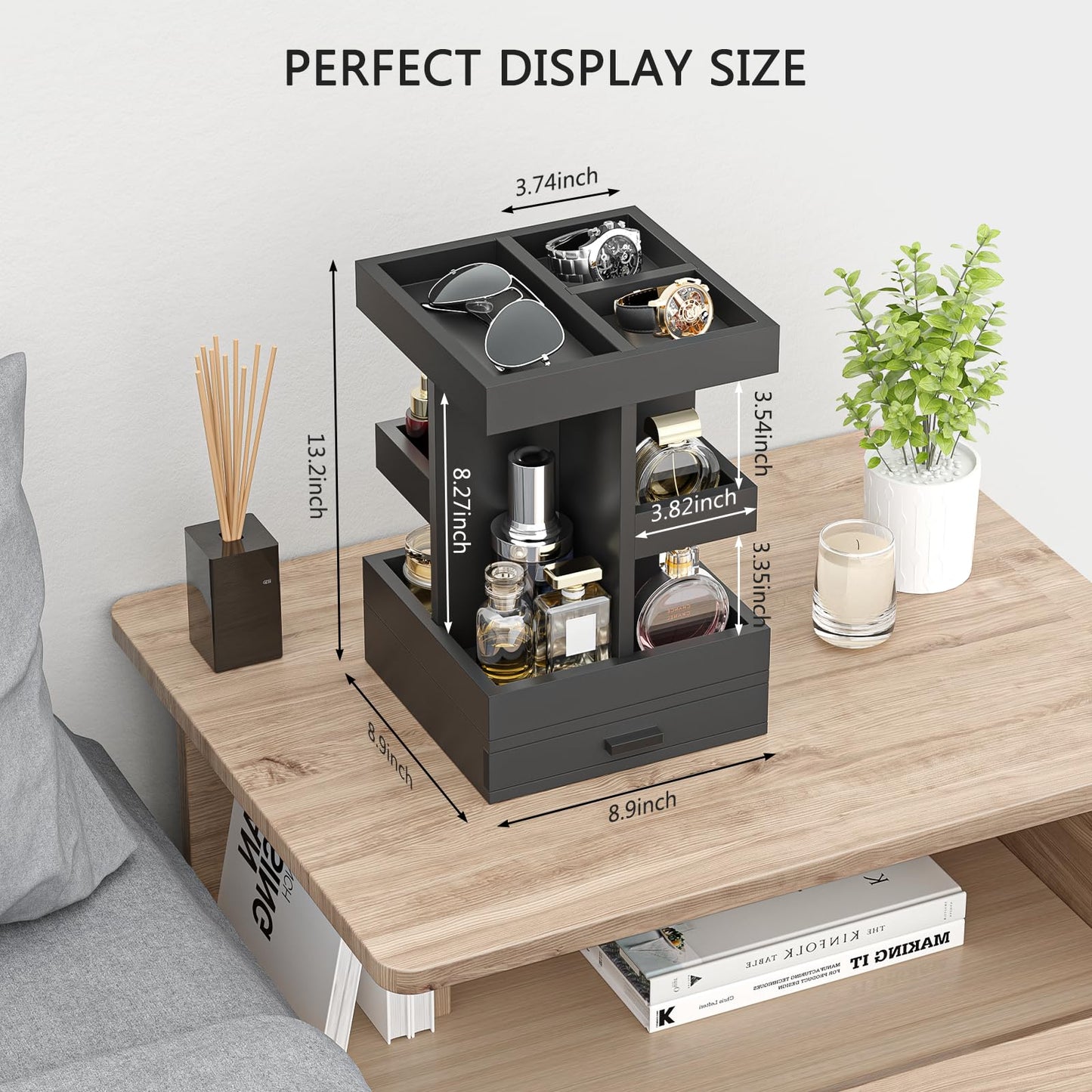 Cologne Organizer for Men, Cologne Stand, 3 Tier Wooden Perfume Organizer, Rotating Mens Cologne Shelf with Drawer, Fragrance Display Holder Desk Organizer, Gift Ideas for Men Him Dad Husband