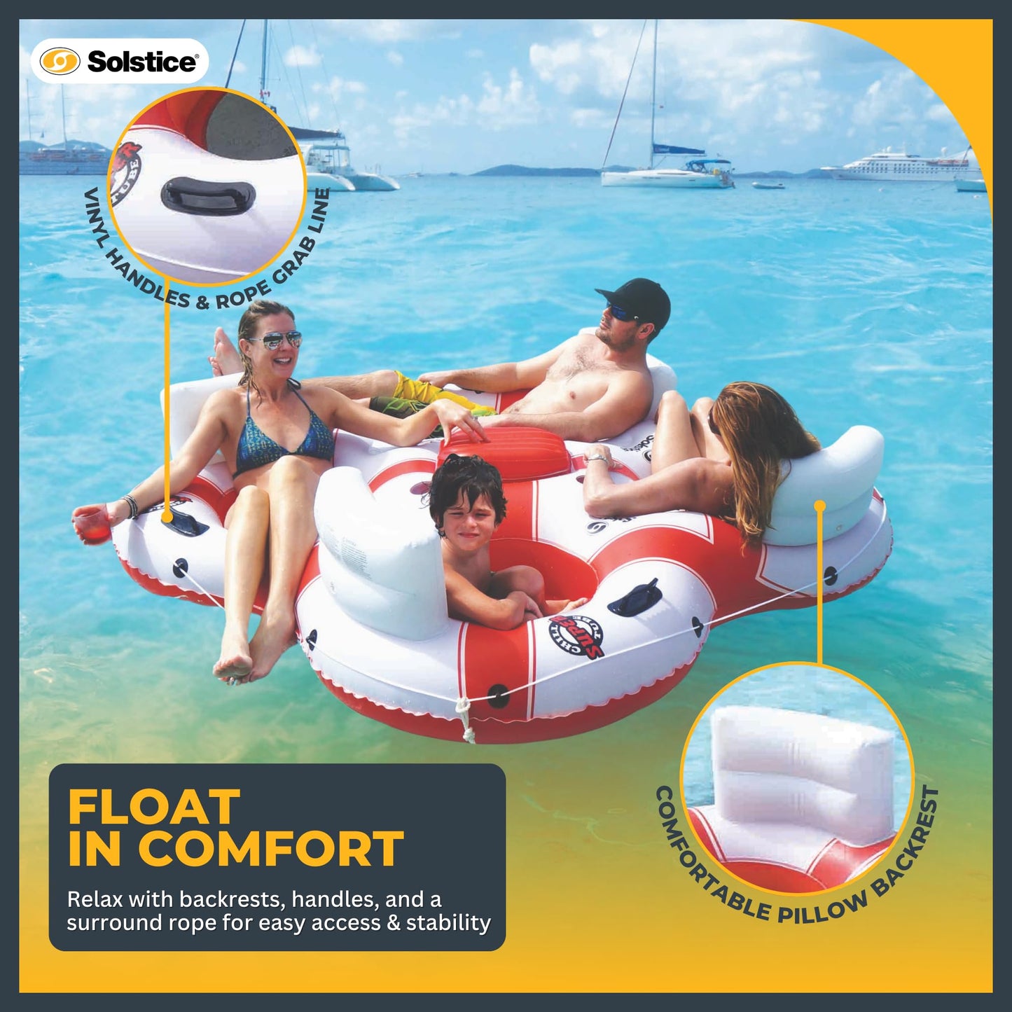 SOLSTICE Inflatable Tube Float – Heavy-Duty Material with Grab Handles for Pool, Lake & River – Compact with Backrest, Mesh Base, Cupholders & Rope – 4-Person, White & Red, 89" – Super Chill