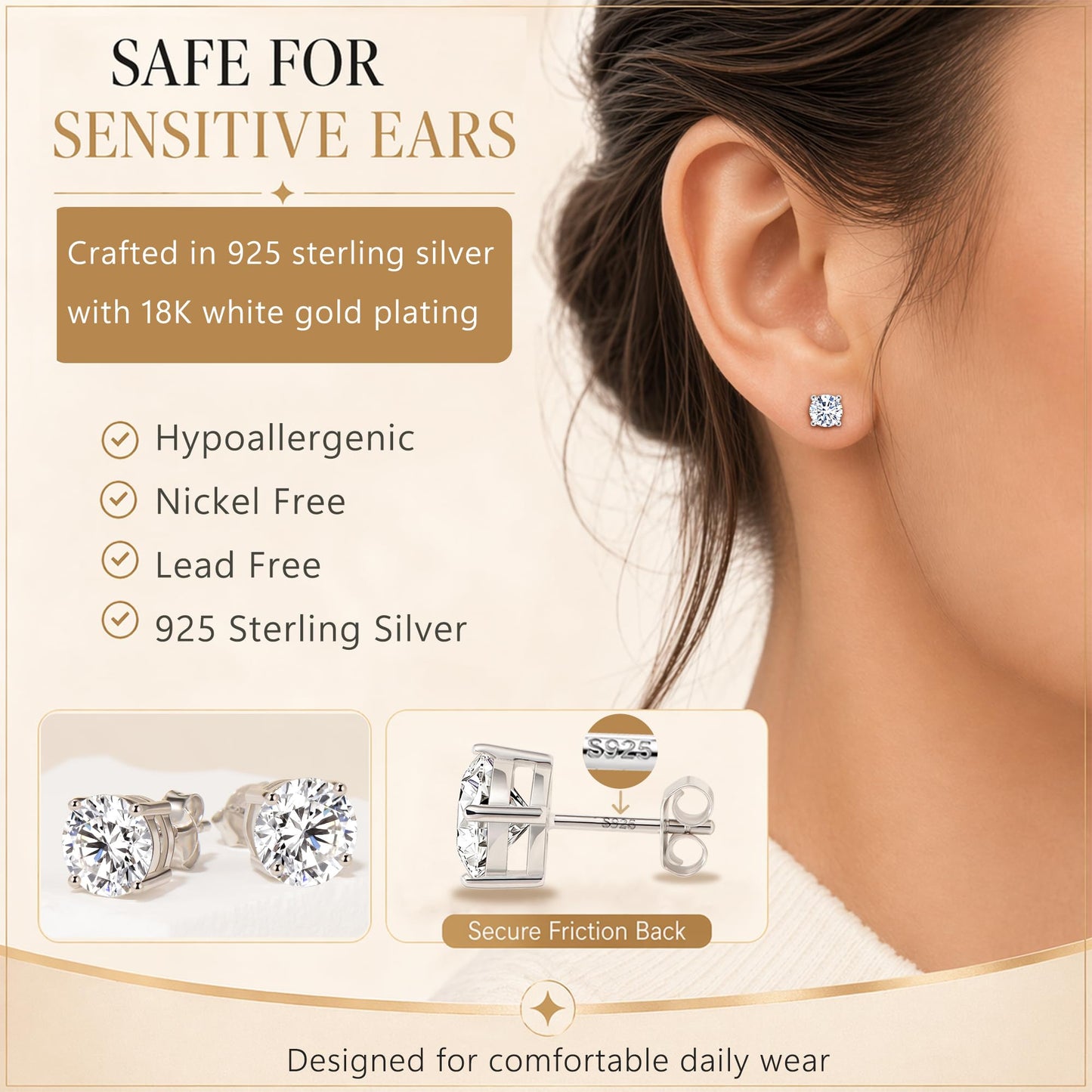 Impalsory Moissanite Stud Earrings 1.2CT 7mm for Women Men, 925 Sterling Silver Hypoallergenic Earrings, 18K White Gold Plated, Secure Friction Back, Brilliant Round Cut D Color VVS1