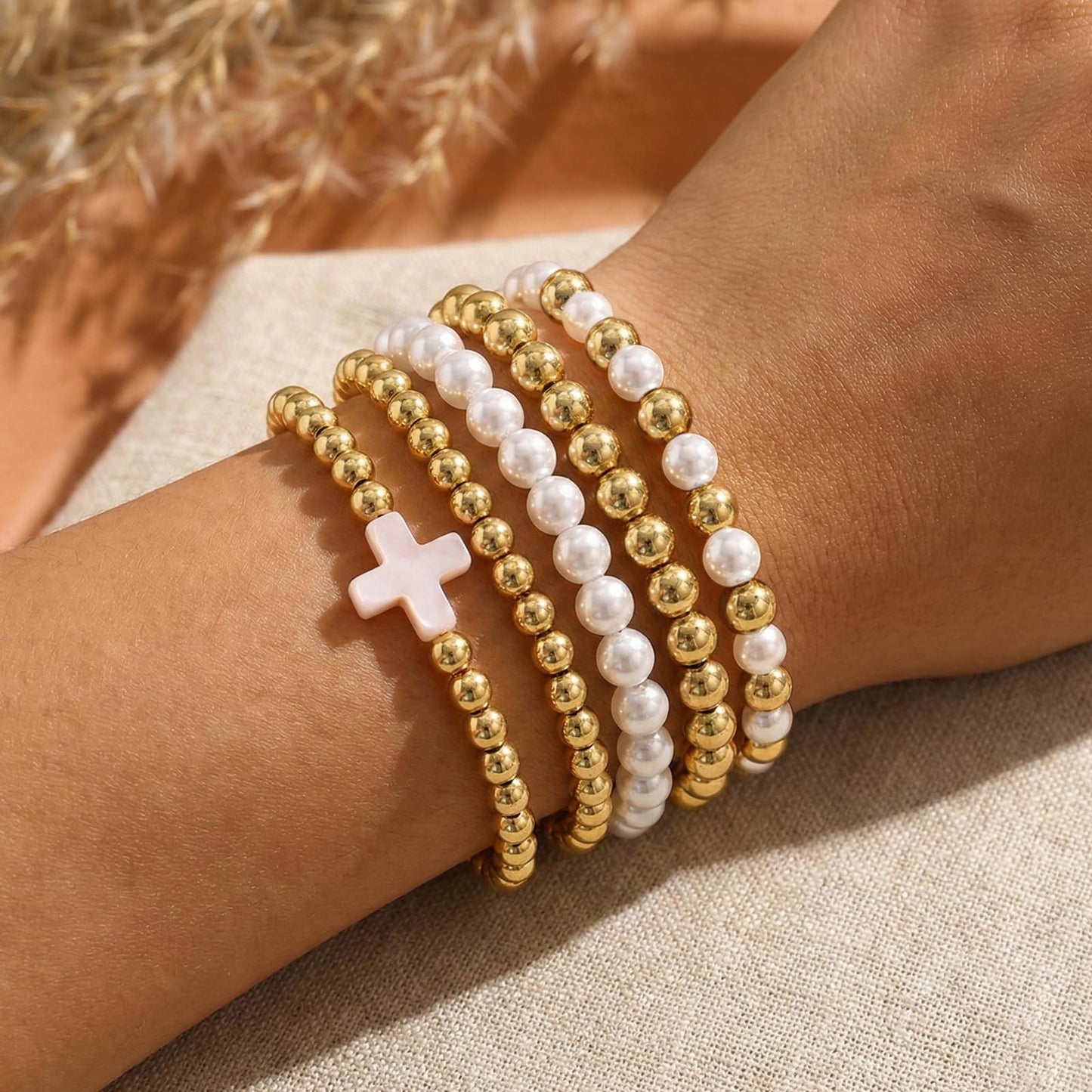 Gold Beaded Cross Bracelet Stack for Women Non Tarnish,Dainty Stretch Pearl Gold Plated Stackable Bracelets Set Fashion Prom Party Accessories Jewelry Gift Friendship