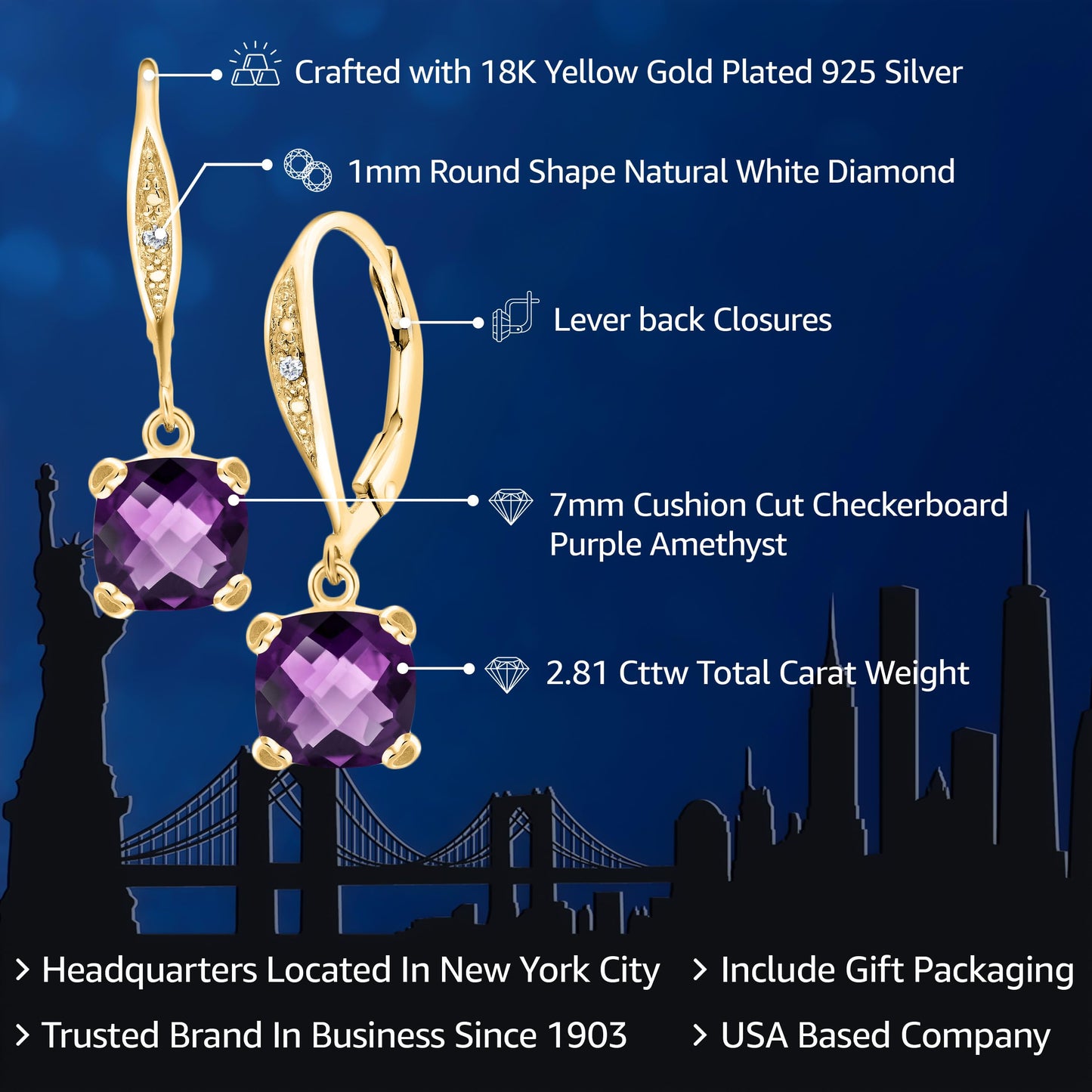 Gem Stone King Drop Dangle Earrings For Women | 7MM Cushion Cut Gemstone Birthstone and Diamond | 925 Sterling Silver | Jewelry Gift for Mom Wife Her | Amethyst-Checkerboard-February | Yellow Gold