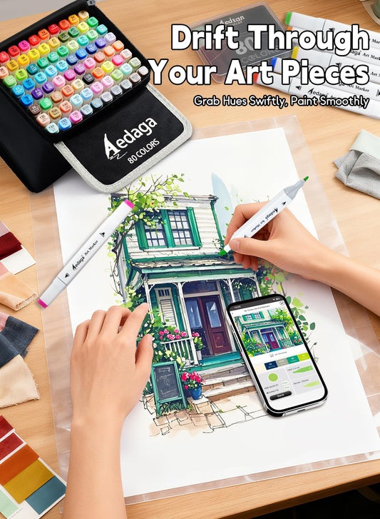 AEDAGA 280 Colors Alcohol Markers with Free App, Dual Tip Art Markers with Kickstand Case for Artists Adults,Alcohol Based Marker for Coloring Painting Sketching and Drawing, Great Gift
