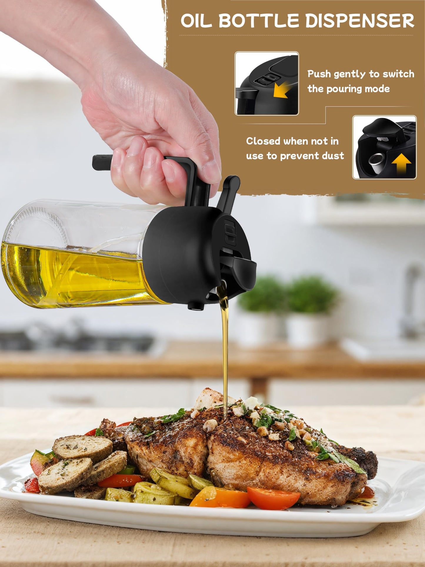 Kitchen Gadgets Oil Sprayer for Cooking 2pcs,Oil Dispenser for Kitchen,2 in 1 Oil Dispenser and Oil Sprayer,16oz Olive Oil Dispenser Bottle for Air Fryer,Salad, Grill (Black Kitchen Accessories)