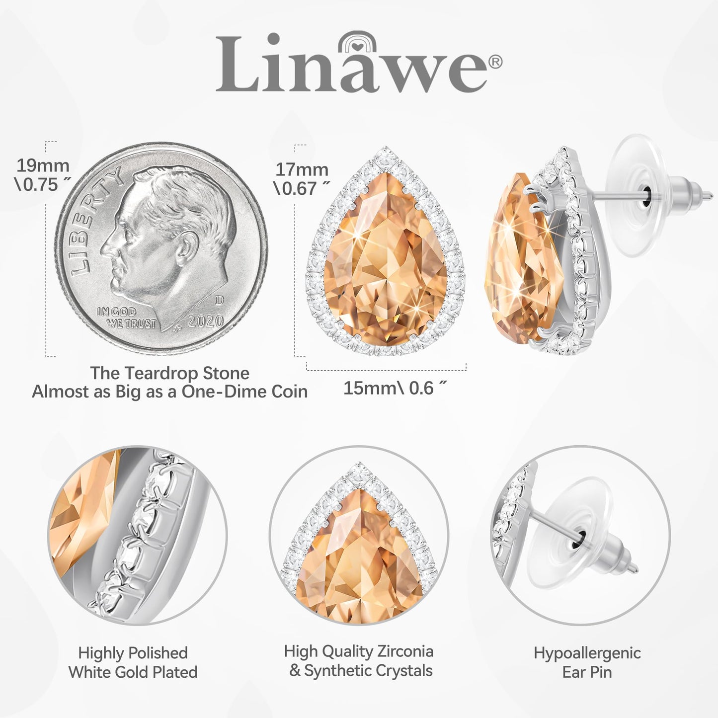 Linawe Silver Color Champagne Orange Rhinestone Stud Earrings for Women Trendy, CZ Cubic Zirconia Birthstone Tear Drop Gem Stone Earrings Stud, Pear Shaped Birthstone Fake Diamond Costume Jewelry