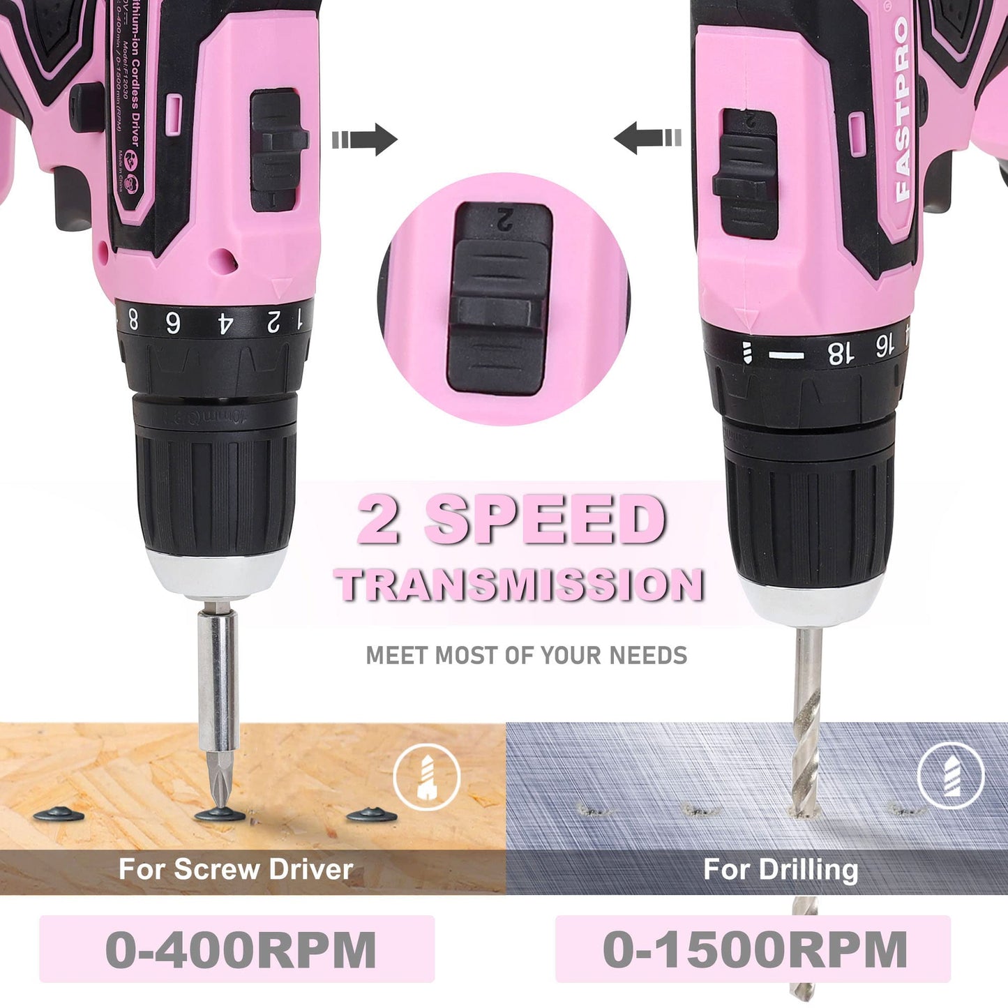 FASTPRO 232-Piece Pink Tool Set with Drill, 20V Cordless Drill Driver and Home Tool Set, Pink Drill Set for Women, Lady's Repairing Kit with 12-Inch Storage Bag, Pink