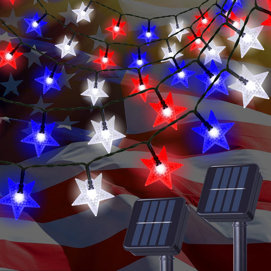 2 Pack Solar Powered Outdoor Patriotic Star String Lights, 100 LED 33 FT Each July 4th Decorative Lights, 8 Lighting Modes, Waterproof for Independence Day Party Patio Garden Decor, Red White & Blue