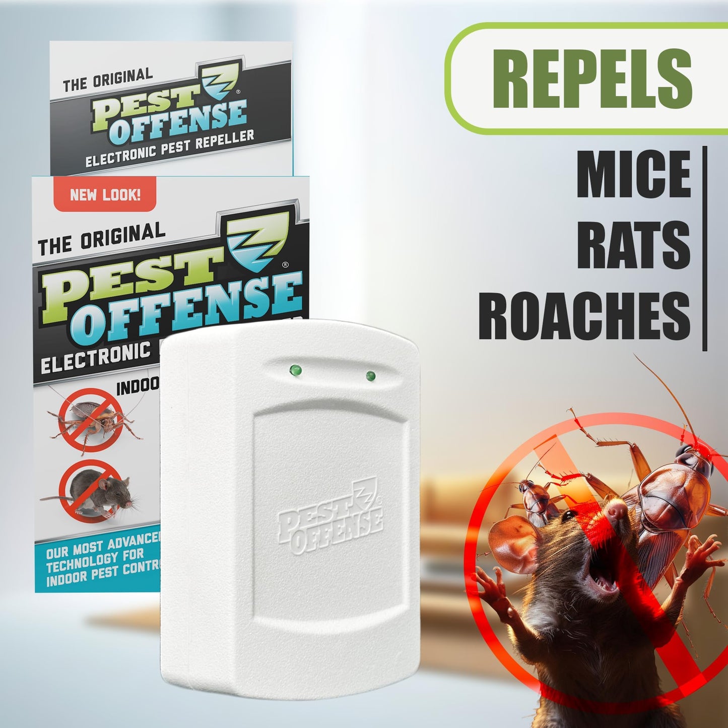 Upgraded PEST OFFENSE New Look Electronic Pest Repeller for Indoor Pest Control of Mice, Rats, Rodents, Roaches for Home, Office, Business, Garage, Warehouse