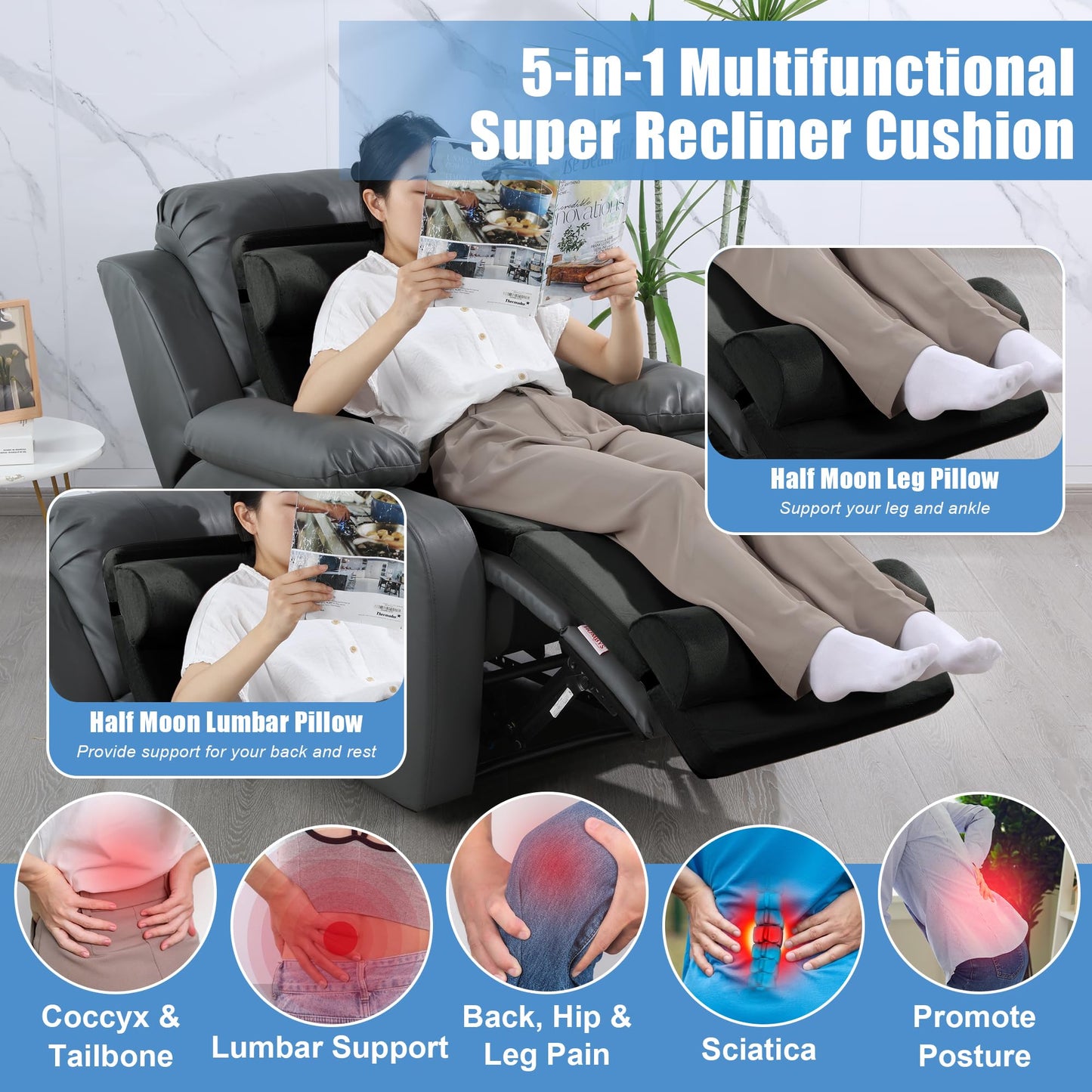 HOMBYS 5-in-1 Recliner Seat Cushion for Elderly+Lumbar Support Pillow + Leg Pad, with Adjustable Half Moon Neck Pillow & Footrest, Foam Filling with Velvet Fabric, Thick & Non-Slip, Black