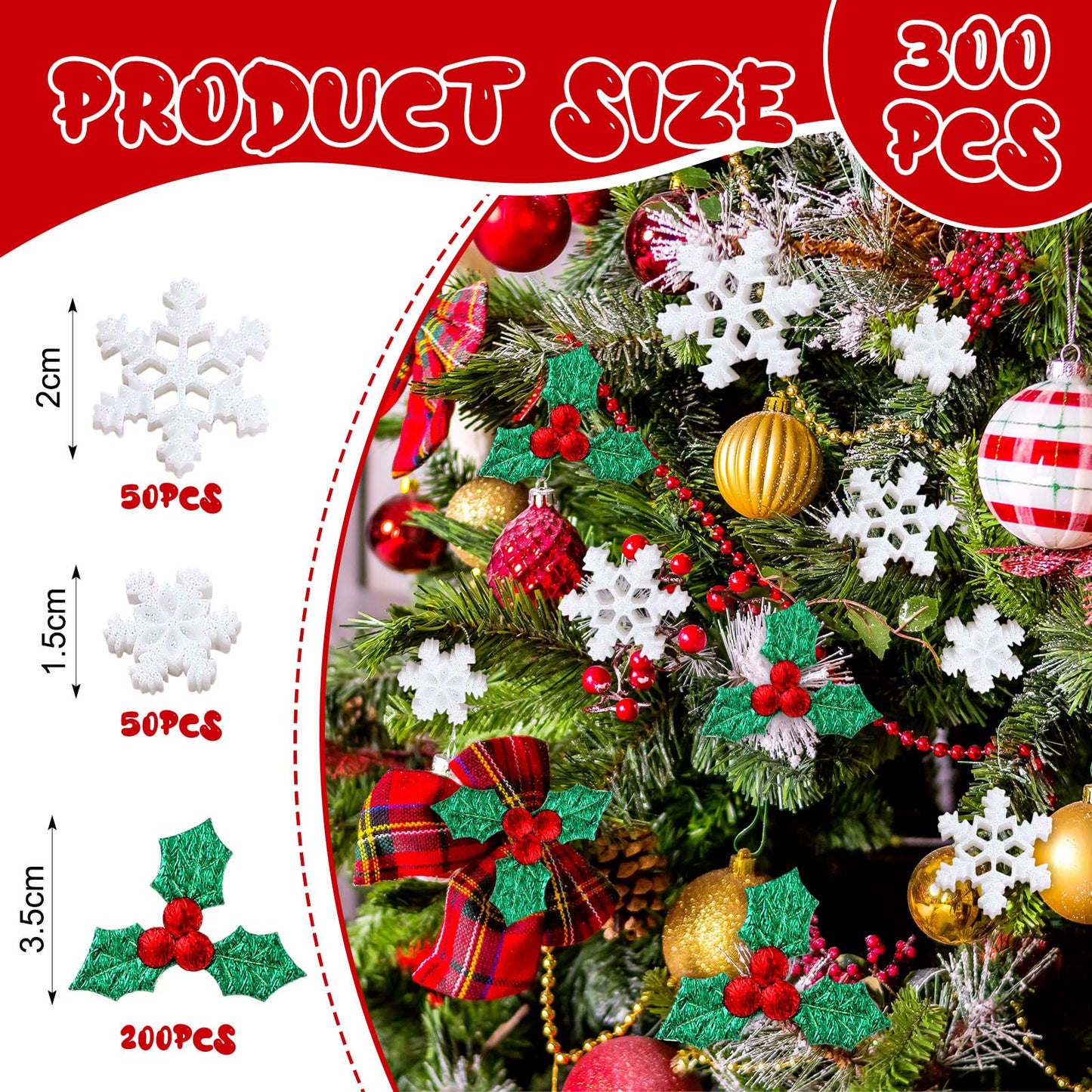 Wenqik 300 Pcs Mini Resin Snowflakes Holly Green Leaves Decors and Berries Charms for Xmas Craft, Glitter Tiny Snowflake Buttons with Berries Embellishments for Card Gift Xmas Holiday Party Supplies