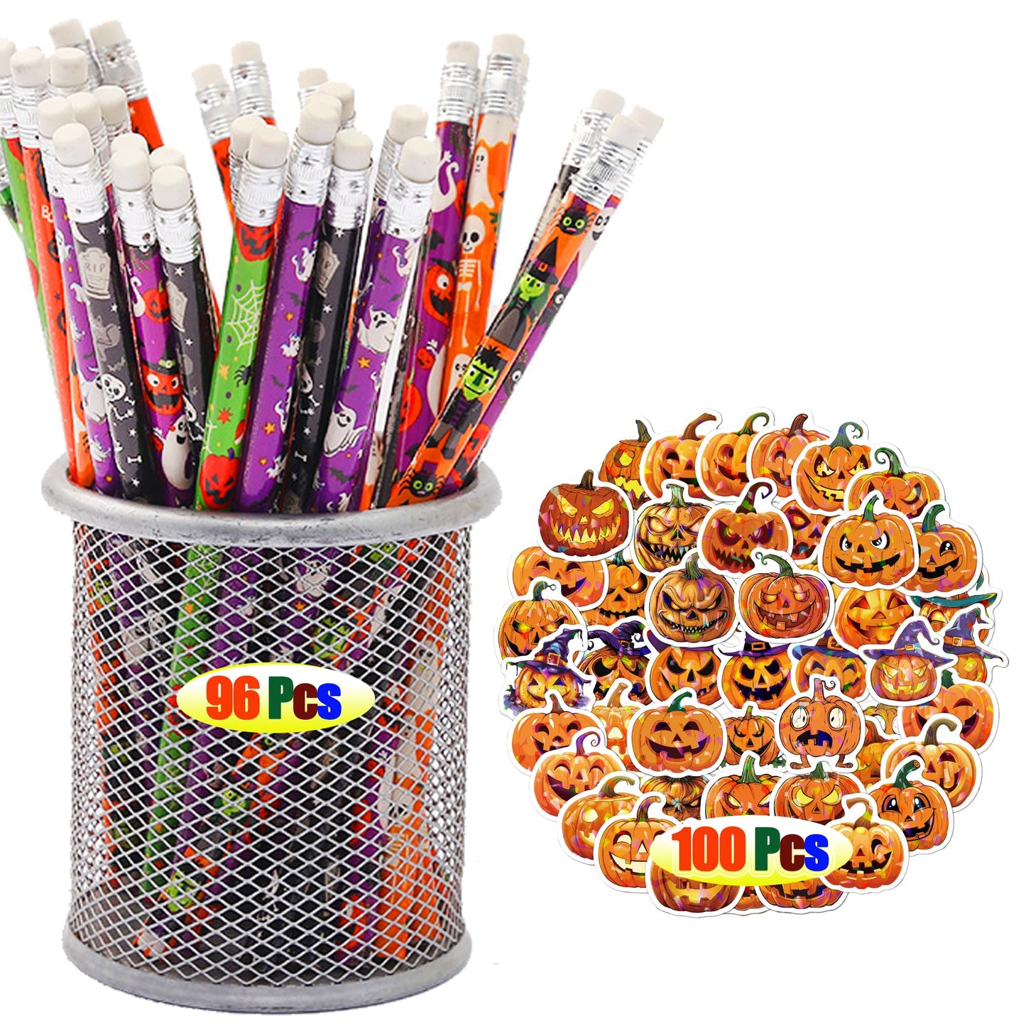 Halloween Pencils and Stickers Bulk Set – 96 Halloween Pencils with Erasers, 6 Spooky Designs + 100 Pumpkin Stickers – Trick or Treat Goodie Bag Fillers, Classroom Prizes, Party Favors Supplies