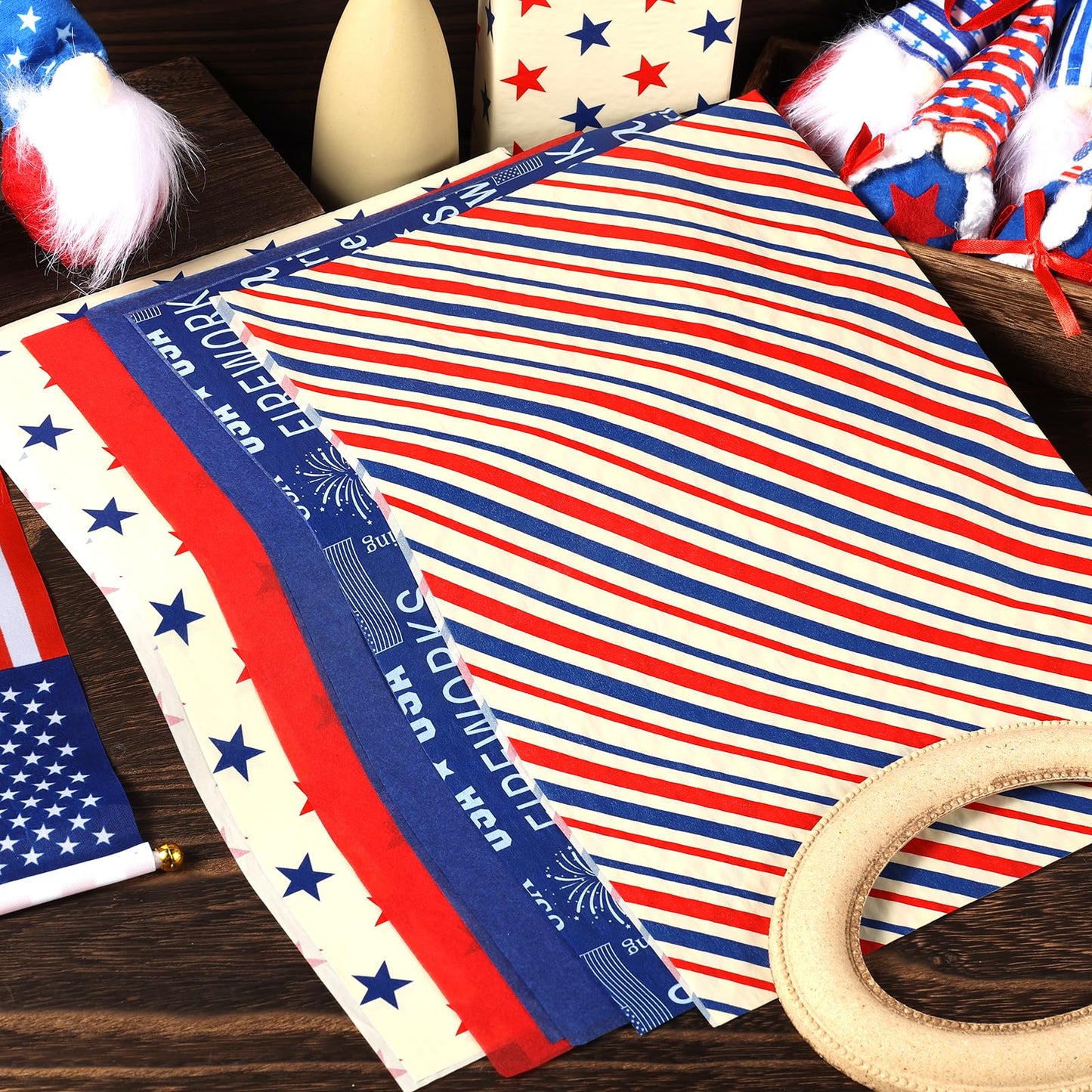 100 Sheet Retro Patriotic Tissue Paper, 5 Styles Stars Stripes Patterns Patriotic Art Tissue Paper for Veterans Day DIY Crafts 4th of July American National Day Party Supplies, 13.8 x 19.7‘’
