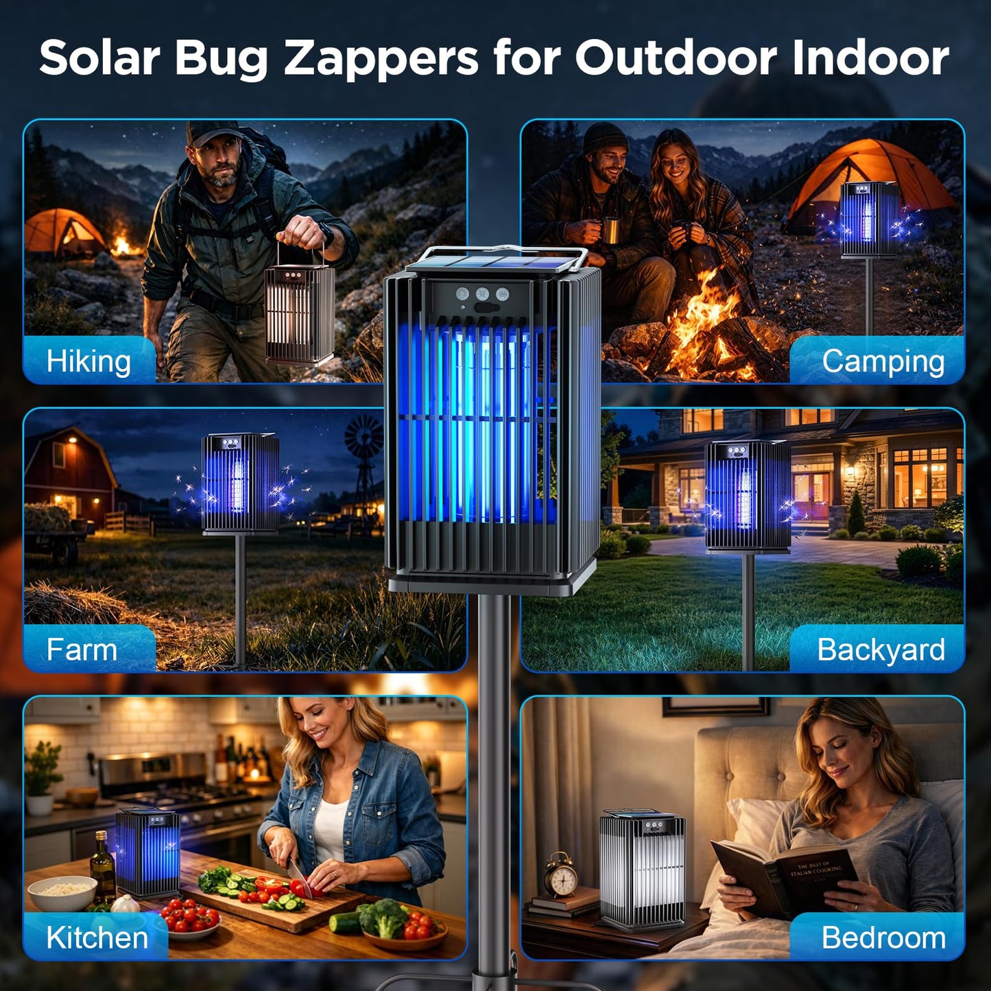 Outdoor Solar Bug Zapper-4200V Cordless Electric Mosquito Zapper with Waterproof Design & Smart Sensor-5000mAh Rechargeable Fly Zapper with Night Light-Mosquito Repellent for Patio, Backyard, Camping
